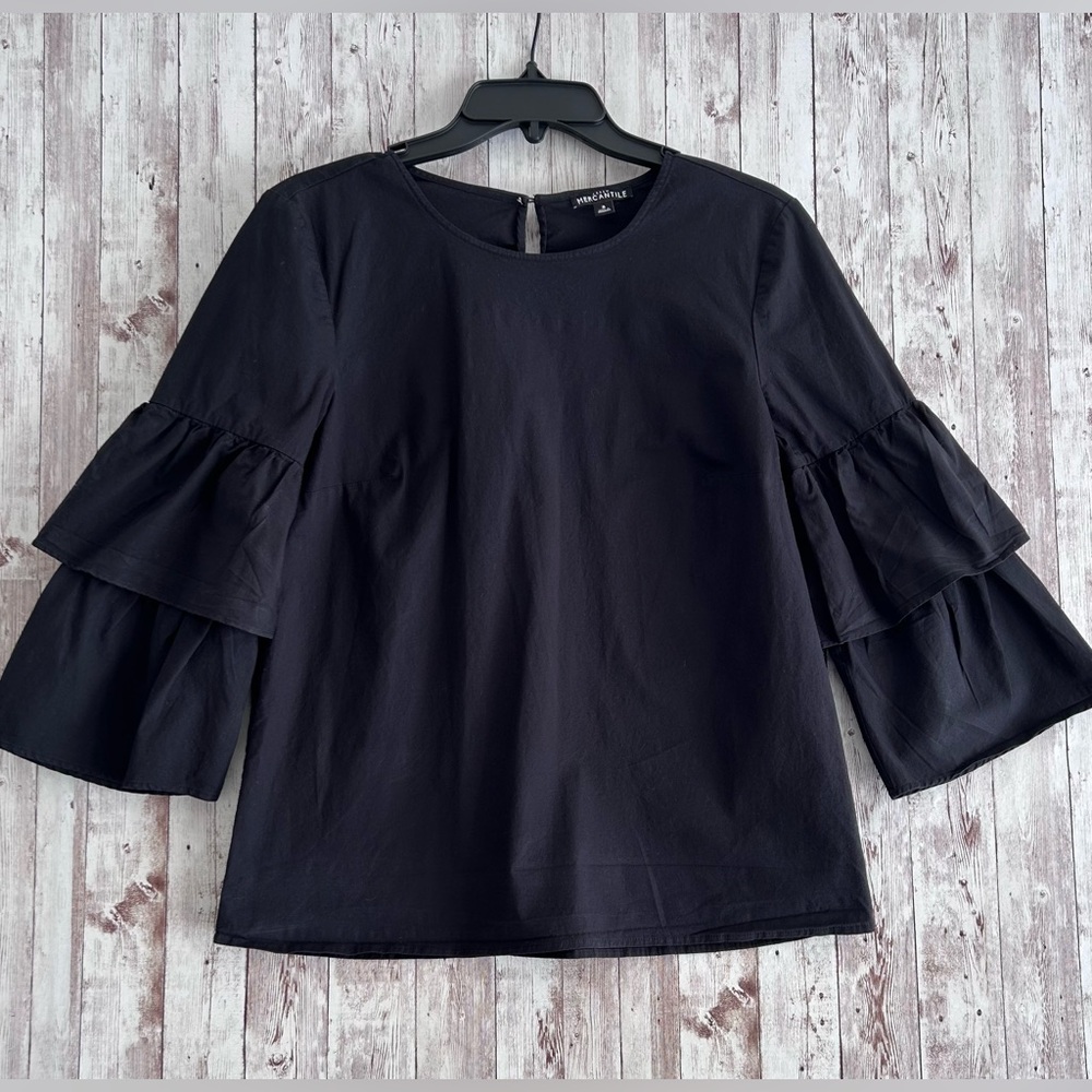 J.Crew Ruffled Sleeve Blouse Black Size M